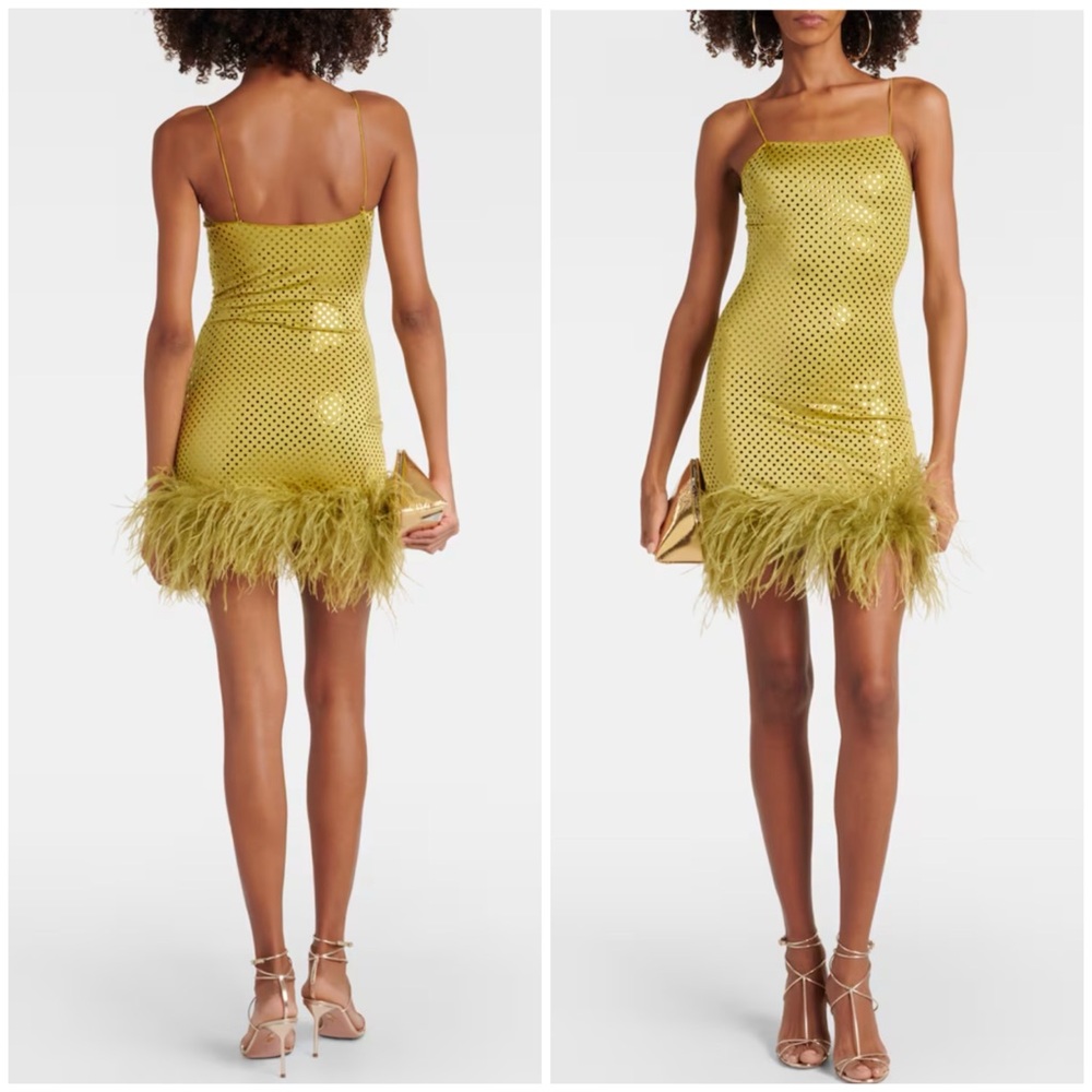 Oseree Green Feather-Trim Mini Dress